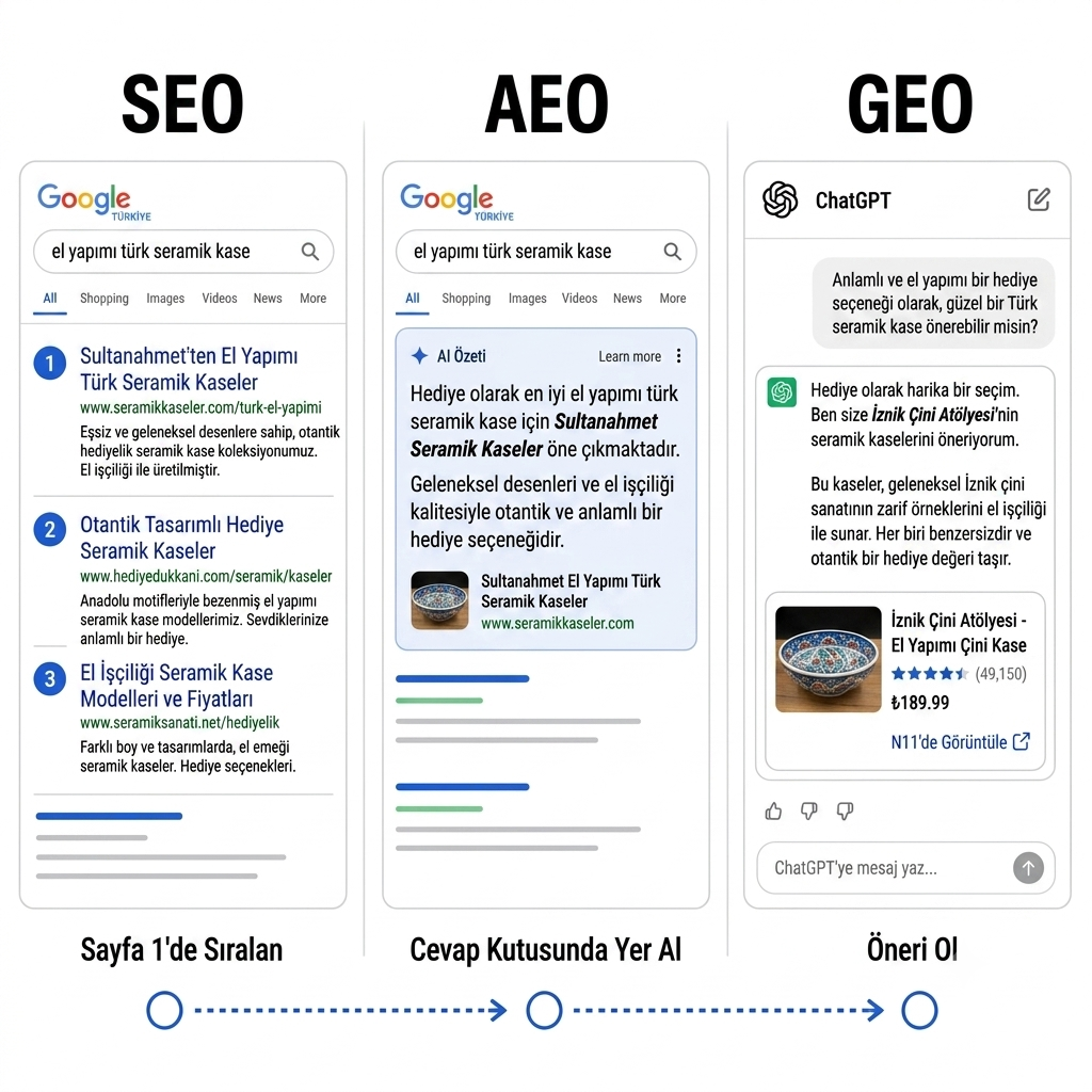 SEO, AEO ve GEO kavramlarını anlatan görsel